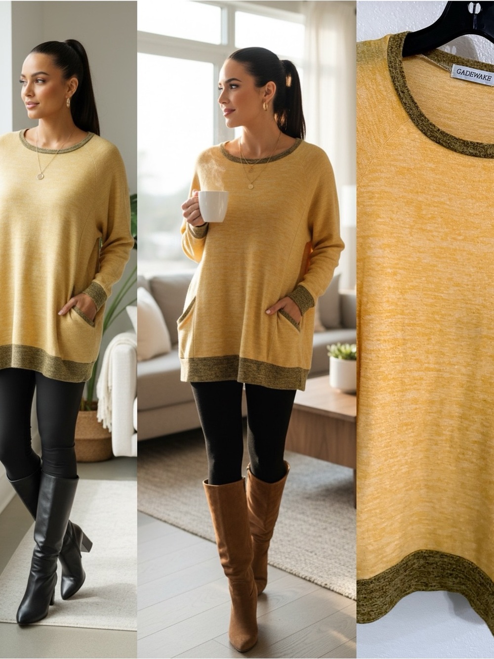 Gadewake Mustard Tunic Sweater XXL Long Sleeve Pocket Pullover Soft Casual